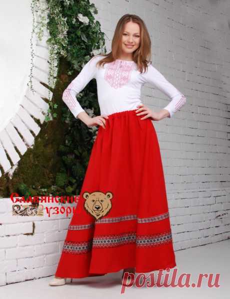 Длинная юбка красная на резинке с орнаментами, трапеция - купить в Интернет магазине женской славянской одежды. Юбка в русском стиле с рисунком. Ткань натуральная, лён