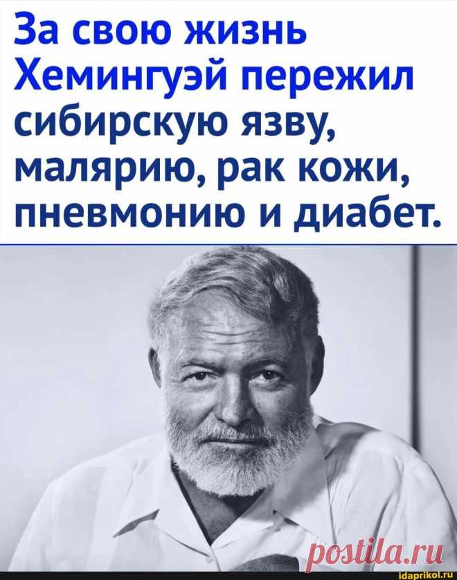 За свою жизнь Хемингуэй пережил сибирскую язву, малярию, рак кожи, пневмонию и диабет. - ) / АйДаПрикол .)