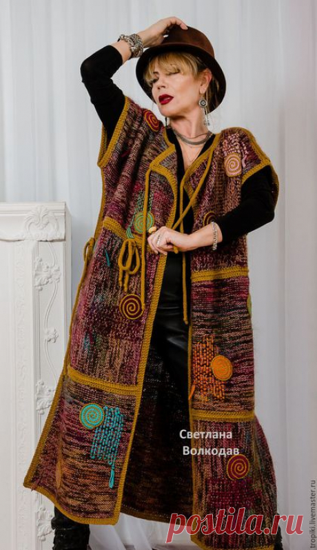 Купить "Палитра" вязаное пальто-жилет двустороннее авторское - разноцветный, пальто, женская одежда