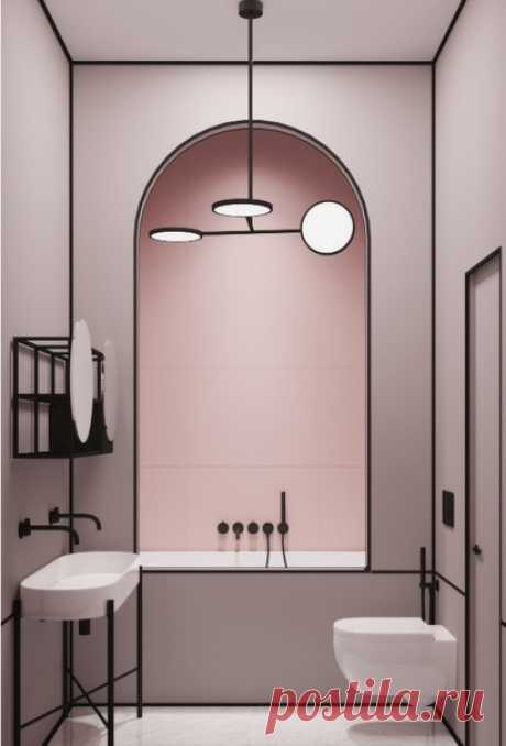 Ванная комната среднего размера в скандинавском стиле с открытыми фасадами, черными фасадами, ванной в нише, инсталляцией, керамической плиткой, розовыми стенами.