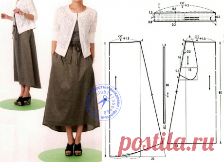 Выкройка-шаблон юбки-трапеции с поясом на кулиске с перепадом длины