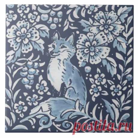 Azulejo Arte floral clásico del bosque azul Ornate Fox For | Zazzle.com