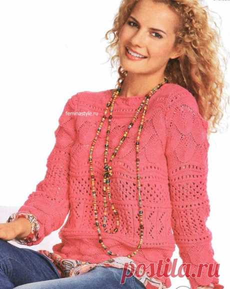 Ярко-розовый пуловер с миксом узоров
