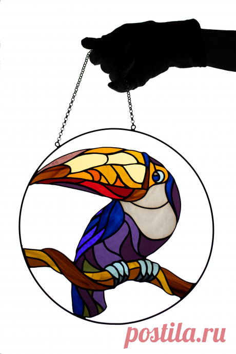 Stained glass bird Toucan Window hanging bird Glass art Gift idea Stai Lovely ToucanWindow hanging suncatcher made of stained glass pieces by my own disign.Handmade using Tiffany copper foil technique.Looks amazing in the sunlight.You will get it completely ready for installation. It comes with a self-adhesive hook and copper chain.It will be a great gift for friends or relatives. Width: