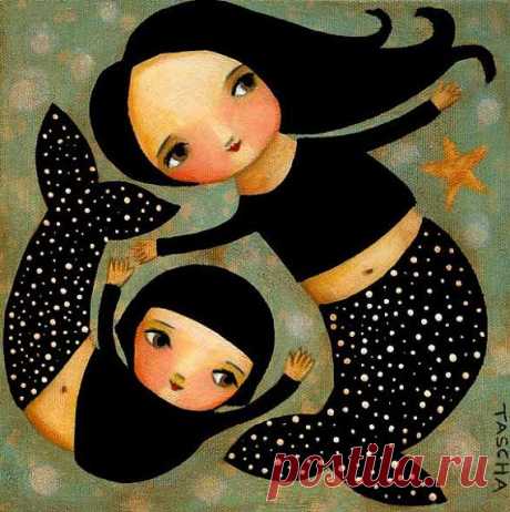 PRINT Mermaid Mama and Daughter cute print made from my folk art painting by tascha