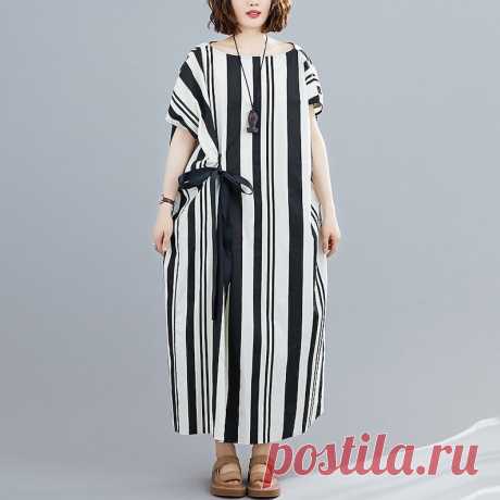 Summer Black and White Striped Round Neck Large Size Dress | Etsy China