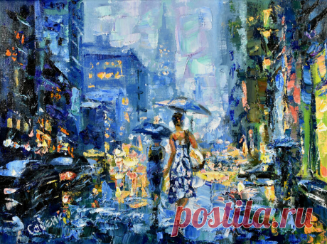 New York Painting Rainy Street Original Art NYC Artwork Umbrella Girl by Natalya Savenkova (2021) : Painting Oil on Canvas - SINGULART