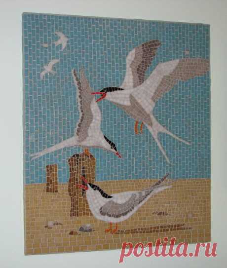 Tern Mosaic This design is from the book 50 Mosaic Murals by Teresa Mills.  It's 25 x 21 1/2 inches on MDF with vitreous glass.  I'm pleased with it except for the trouble I had putting it on the wall.  I had intended to put tiles over the screws, but the color didn't match since the tiles look darker once the glue dries.  I decided to just grout over the screws.  I don't like how it looks, but I couldn't think what else to do. I had a hard time taking a picture of this, t...