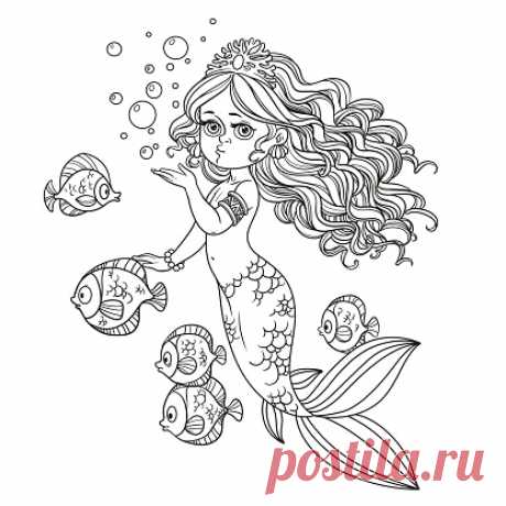 Beautiful mermaid girl sends an kiss outlined isolated on a white... Beautiful mermaid girl sends an kiss outlined isolated on a white background
