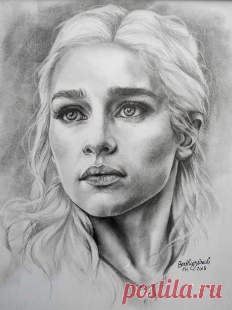 Dessin Daenerys Targaryen - Game of thrones - Mère des dragons - Noir et blanc - Vendu avec cadre et sous verre - Portrait Emilia Clarke -