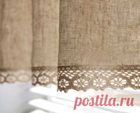 Natural Linen Cotton Blend Cafe Curtain Valance with Cotton Lace Trim. One Panel 51&quot;W up to 22&quot;L. Custom Size Available. Made to order