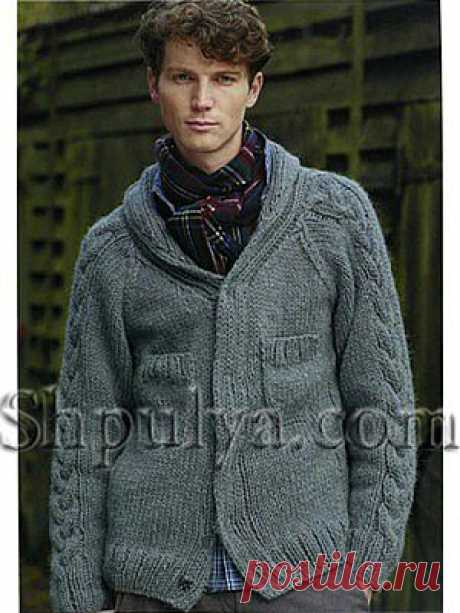 Серый мужской жакет с карманами, вязаный спицами — Шпуля - сайт о вязании