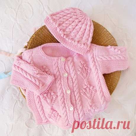 Розовый комплект для девочки спицами: жакет и шапочка, Вязание для детей