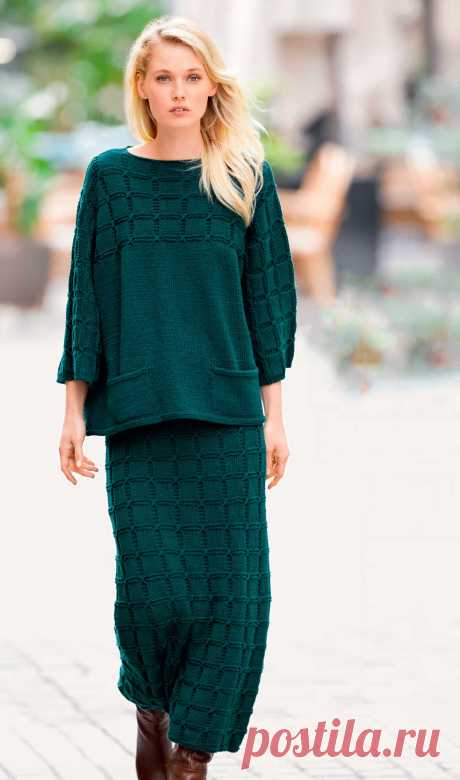 Вязаные пуловер и юбка с клетчатым узором - delava-ya.ru