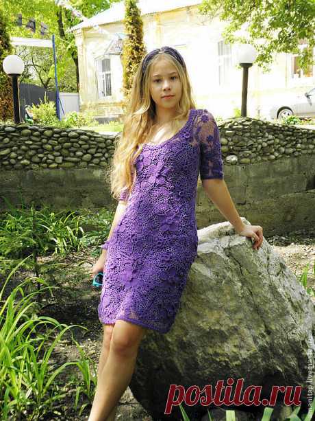 Купить Платье вязаное ирландское кружево Фиолетовые сны с рукавами в интернет магазине на Ярмарке Мастеров