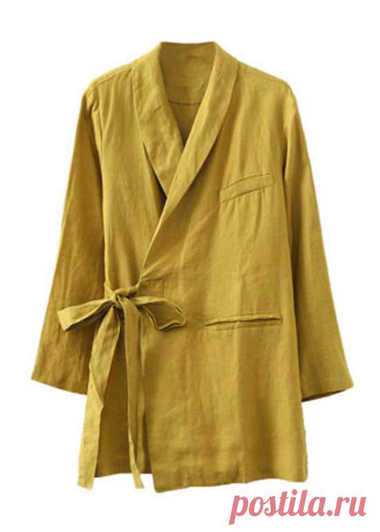 Unique Yellow Peter Pan Collar Pockets Tie Waist Patchwork Linen Coats – SooLinen