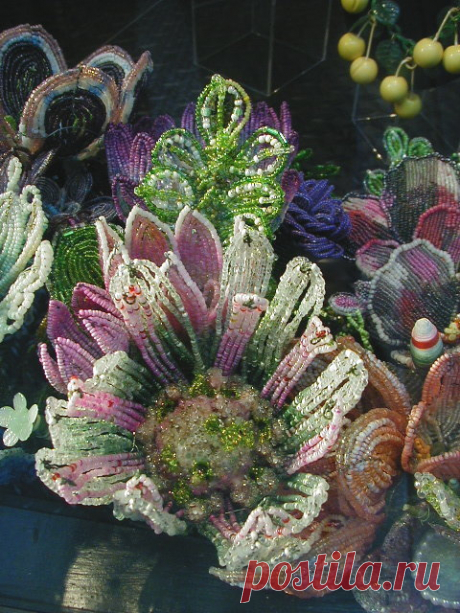 Mario Rivoli Beaded Flowers - P3260016 These handmade beaded flowers were in the window display of the Julie Artisans' Gallery on Madison Avenue in New York City when i photographed them from the sidewalk.