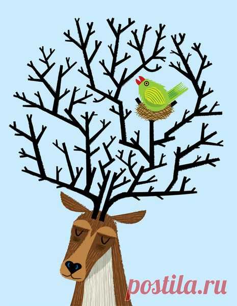 The Tree Stag and The Green Finch Art Print by Oliver Lake | Society6