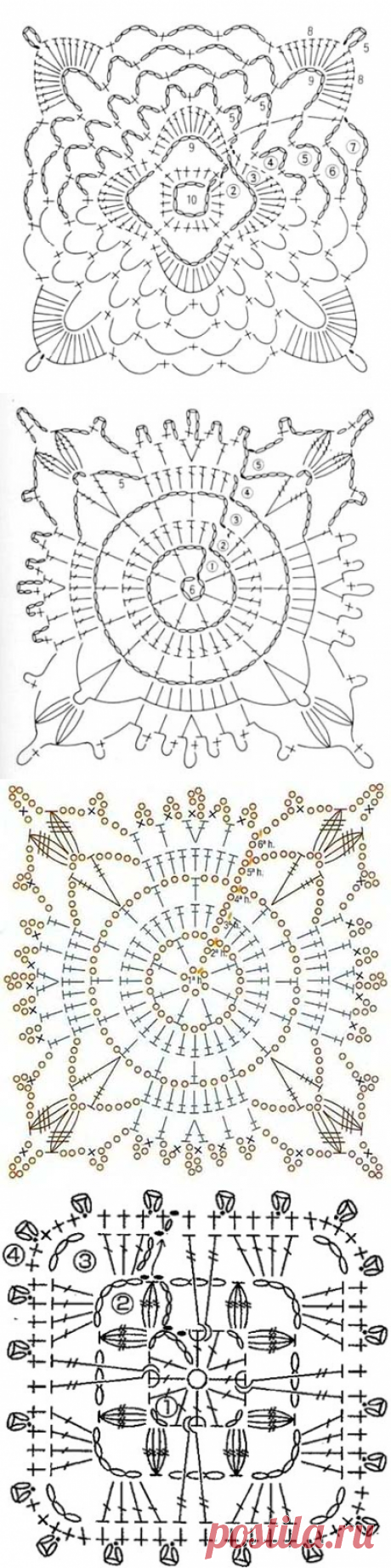 Ажурные квадраты крючком, подборка схем