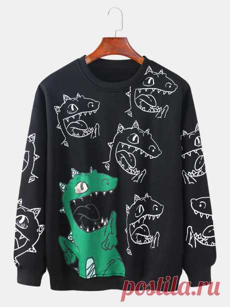 Mens Cartoon Dinosaur Print Pullover Long Sleeve Cute Cotton Sweatshirts - US$29.99