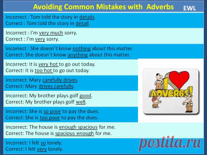 Avoiding Common Mistakes with Adverbs – Avoiding Common Mistakes with Adverbs Examples; Incorrect; Tom told the story in details. Correct; Tom told the story in detail. Follow the list for other examples…