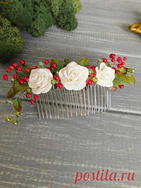Bridal hair comb Wedding headpiece Roses hair comb White red comb Flower hair comb Pearl comb Hair accessory Bridal hair Decorative comb Bridal hair comb Wedding headpiece Roses hair comb White red comb Flower hair comb Pearl comb Hair accessory Bridal hair Decorative comb Length - 4.7 inches \ 12 cm Diameter of the roses - 1 inch \ 2.5 cm  All details made by hand with love.   Please note that real colors may slightly