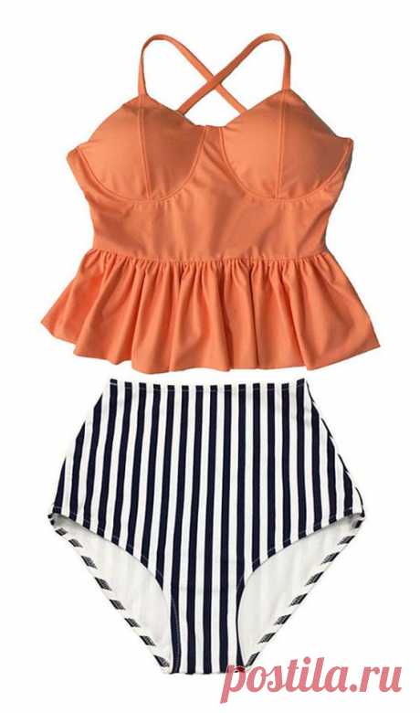 (255) Old Rose Long Peplum Hem Top and Stripes High waisted waist Bottom Bikini set Swimsuit Swimwear Beach Swim wear Bathing suit dress S M L XL