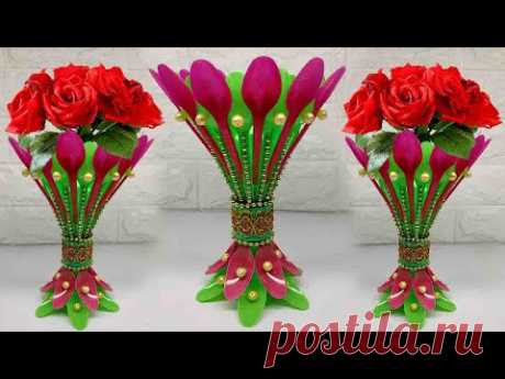 Vas bunga dari sendok plastik dan botol bekas || Plastic Spoons Flower Vase DIY || Best Out Of Waste