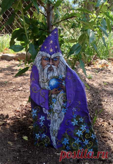MAGIC in the GARDEN - one of a kind painted rock art Its the Wizard bringing magic to an already magical world....    Hand painted on flagstone, with respect for detail. Fun for the garden, but also great indoors! A quality piece of art.    Approx Measurements:  14x8x1