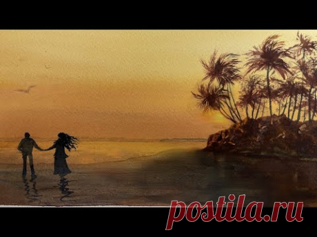 Как легко нарисовать пальмы и Оранжевый закат акварелью. Easy sunset and palms with watercolour7