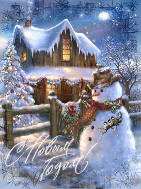 2015, christmas, gif animation, kartinka, mira, photo animated, winter, гифки, поздравление, птички, снеговик