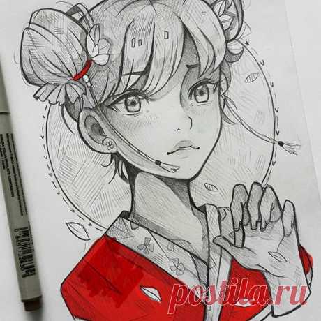 #Inktober 4. #Wind
"Eastern wind, where are you going? What tales will you tell me?  The tales from the far East"
--
Larienne.deviantart.com --
#larienne #manga #anime #sketch #doodle #girl #kimono #japanese #red #inktober2017 #art #buns #hairstyle #fashion