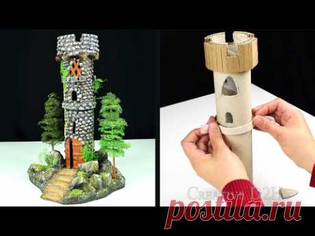 DIY Miniature Tower Recycling Trash | Paper Mache Tutorial | Faux Wood Door & Stone