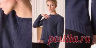 Женский пуловер Le Guin Модный женский пуловер вязаный спицами с эффектным нижним краем и полосой платочной вязки посередине полочки, с описанием.
