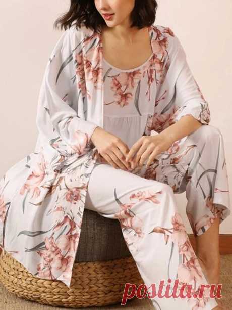 3Pcs Women Floral Print Sling Wide Leg Pants Open Front Robes Casual Home Pajama - US$29.99