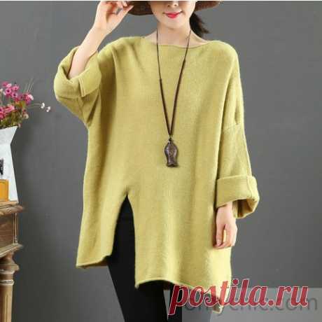 Aesthetic light green clothes For Women asymmetric hem oversize side open knit tops