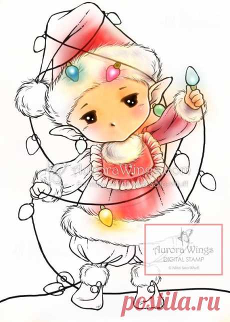Digital Stamp - Christmas Lights Sprite - Whimsical Holiday Image - Fantasy Line Art for Cards & Crafts by Mitzi Sato-Wiuff Heres a digital stamp for YOUR coloring & card-making fun! An adorable Christmas Lights Sprite! Is she an enthusiastic help who got all tangled up while trying to decorate with a string light or is she getting ready for a parade and lights are part of her costume? No matter what background story you