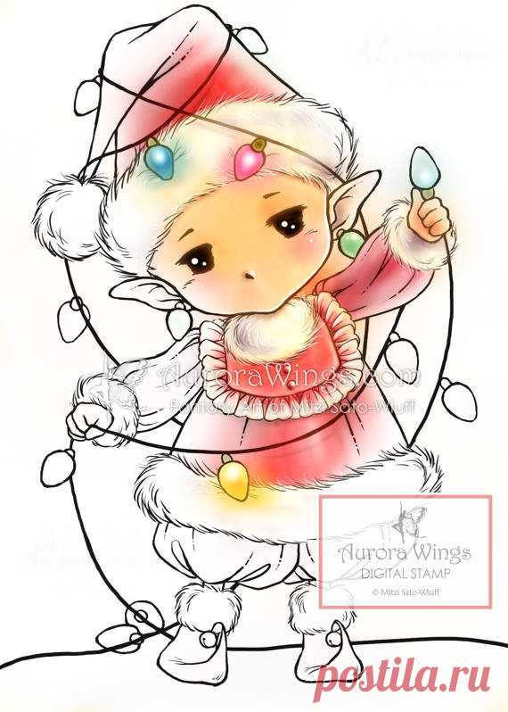 Digital Stamp - Christmas Lights Sprite - Whimsical Holiday Image - Fantasy Line Art for Cards & Crafts by Mitzi Sato-Wiuff Heres a digital stamp for YOUR coloring & card-making fun! An adorable Christmas Lights Sprite! Is she an enthusiastic help who got all tangled up while trying to decorate with a string light or is she getting ready for a parade and lights are part of her costume? No matter what background story you