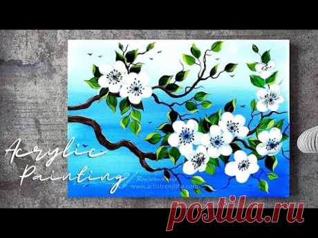 WHITE Flowers | Acrylic Painting Ideas for beginners on CANVAS | ART Tutorial step by step painting