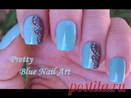 Light Blue NAIL ART In Brown &amp; Gold!  DIY Elegant Dot Nails Design