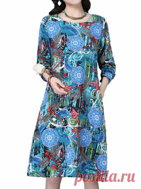 Hot-sale Ethnic Style Printed Long Sleeve Pockets Midi Dress For Women { - NewChic