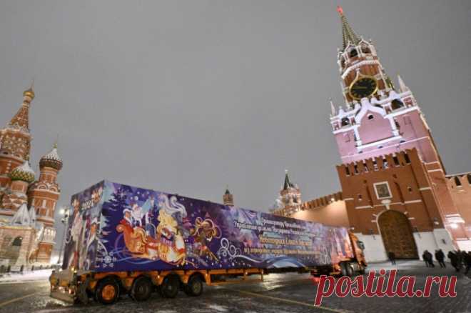 В Кремль доставили главную новогоднюю ель России. Специальный автопоезд ввез елку через Спасские ворота.