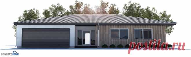 Small House Plan with three bedrooms and open plan. Large windows and covered terrace.