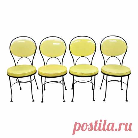 Gallo Iron Works Wrought Iron Yellow Vinyl Modern Bistro Dining Chair - Set of 4 Gallo Original Iron Works Wrought Iron Yellow Vinyl Modern Bistro Dining Chair - Set of 4. Item features yellow vinyl upholstered oval/round backs and seats, wrought iron construction, original labels, very nice vintage set, quality American craftsmanship, great style and form. Age: Mid 20th Century. Measurements: 35" H x 17" W x 22" D x 18" Seat height.