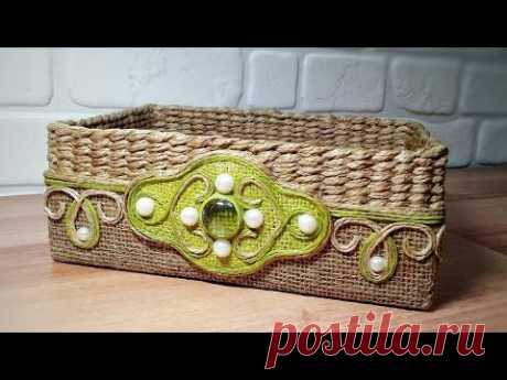 I don't THROW away these boxes anymore. Jute and burlap idea, easy storage basket WEAVING. - YouTube