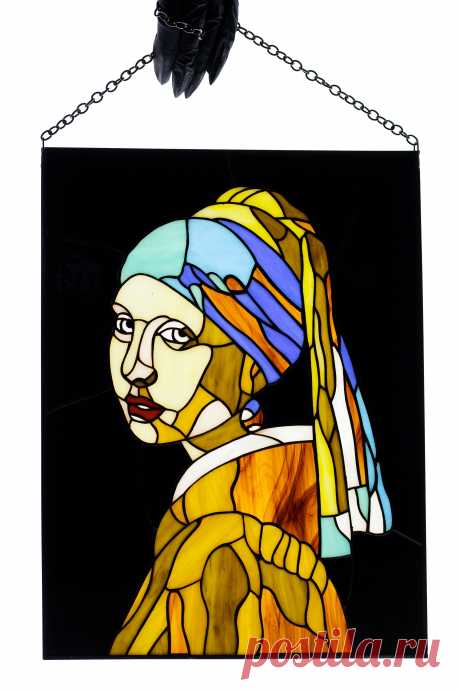 Stained glass panel Girl with a Pearl Earring Wall decor Glass art Sta Reproduction of Jan Vermeer's famous picture "Girl with a Pearl Earring".Window/wall hanging panel made of stained glass pieces.Handmade using Tiffany copper foil technique.Looks amazing in the sunlight.Framed with brass profile.You will get it completely ready for installation. It comes with a clear self-adhesive hook