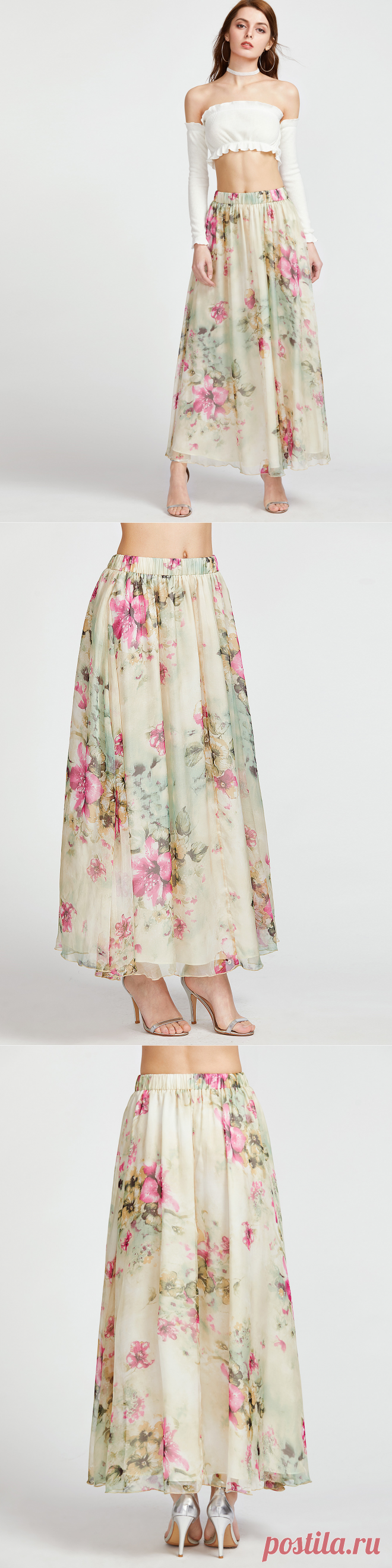 Бежевая модная юбка с цветочным принтом и эластичной талией
