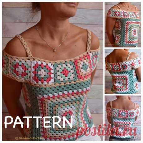 Crochet PATTERN and Tutorial Summer Lace Top Ethic style Blouse Multicolor Cotton Top open shoulders Boho tunic Beachwear for woman This summer handmade crochetted lace top in ethnic style is made of quality cotton and multi-color square motifs  Grannys square of different sizes. This top blouse with open shoulders. Narrow openwork straps are beige, which makes them less visible. The top can be worn everywhere, as well as on the