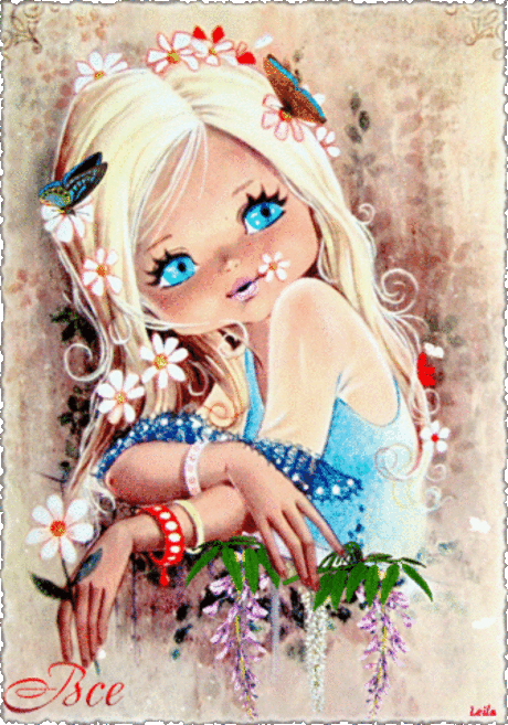 Гиф анимация Девочка с ясно-голубыми глазами в украшениях на руках, в цветах и в бабочках (Все будет хорошо!) автор:Leila