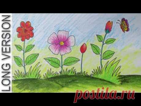 How to Draw a Scenery with Flowers for Kids [Long Version]